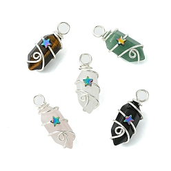 Серебро Двойные заостренные подвески из натурального смешанного камня, Подвески-пули из массивной граненой проволоки со звездой из медной проволоки, серебряные, 25~26.5x10~11x12 мм, отверстие : 4 мм