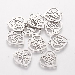 Stainless Steel Color 201 Stainless Steel Charms, Heart with Phrase Big Sister, Stainless Steel Color, 15x13.7mm