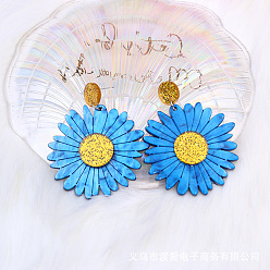 Озёрно--синий Акриловые серьги-гвоздики с цветком, платина, Плут синий, 59x50 мм