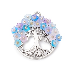 Темно-Голубой Подвески из сплава , с акриловыми и стеклянными бусинами, плоские круглые с дерева жизни, глубокое синее небо, 39x37x6.5 мм, отверстие : 3.2 мм