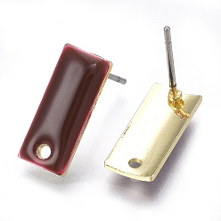 Brown Alloy Stud Earring Findings, with Loop, Enamel and Steel Pins, Rectangle, Light Gold, Brown, 14x6mm, Hole: 1.2mm, Pin: 0.7mm