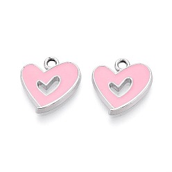 Pink Подвески из эмали и сплава, шарма сердца, платина, розовые, 16x15x2 мм, отверстие : 1.8~2 мм