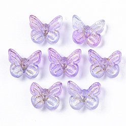 Plum Two Tone Transparent Spray Painted Glass Charms, with Golden Foil, Butterfly, Plum, 7x11x3mm, Hole: 1.2mm