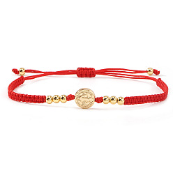 Красный Регулируемые латунные плетеные браслеты из бусин, Браслеты из плетеного волоконного шнура для женщин и мужчин, плоские круглые с святым Бенедиктом, золотые, красные, 11.02 дюйм (28 см)