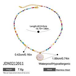 Разноцветный 304 Женские ожерелья с подвеской в виде белого цветка из нержавеющей стали и стеклянными бусинами, золотые, красочный, 15.75 дюйм (40 см), Кулон : 18.9 мм