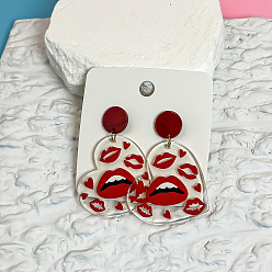 Red Printed Acrylic & Stud Dangle Earrings, Heart with Lip, Red, 40mm