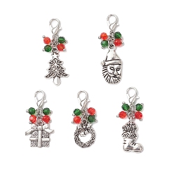 Античный Серебристый & Платиновый 5 шт. рождественские подвесные украшения из сплава в тибетском стиле, со стеклянными шариками и Lobster Claw застежками, разнообразные, старинное серебро и платина, 32~33 мм