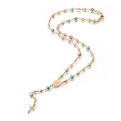 Золотой Ионное покрытие (ip) 304 ожерелья из четок из нержавеющей стали, эмалью сглаза, овальные с рисунками " virgin mary", крестик, золотые, 18.14 дюйм (46.1 см)