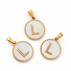 Letter L Вакуумное покрытие pvd 304 нержавеющая сталь с подвесками из белой ракушки, золотые, плоский круглый с подвеской в виде буквы, letter.l, 18x16x1.5 мм, отверстие : 3x6 мм