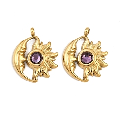 Фиолетовый Бархат 304 из нержавеющей стали горный хрусталь подвески, подвески-камни со звездами и луной, февраль, ионное покрытие (ip), золотые, пурпурного бархата, 19.5x16x3.5 мм, отверстие : 1.6 мм