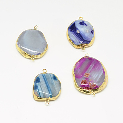 Natural Agate Plated Natural Striped Agate/Banded Agate Links connectors, Mixed Shapes, 31~40x23~28x7~8mm, Hole: 2mm