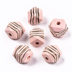 Pink Расписные бусы из натурального дерева, лазерная гравировка, граненые, многоугольник с полосой зебры, розовые, 12x12x12 мм, отверстие : 3 мм