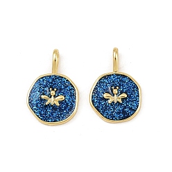 Морской Синий Латунные блестки эмалевые подвески, без кадмия и без свинца, плоский круглый с подвесками в виде пчел, реальный 18 k позолоченный, Marine Blue, 18x12.5x4 мм, отверстие : 3.5x1.5 мм