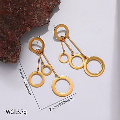 Golden 304 Stainless Steel Stud Dangle Earrings, Three Circles, Golden, 88x25mm