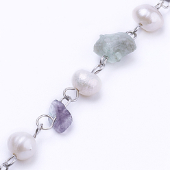 Fluorite Handmade Natural Fluorite Beaded Chains, Unwelded, with Grade A Pearl Beads and 304 Stainless Steel Eye Pin, Platinum, 39.37 inch, 1m/strand