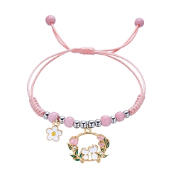 Бледно-Розовый Регулируемые нейлоновые нити плетеные браслеты из бисера, с подвесками из эмалевого сплава в виде кошки, розовый жемчуг, 5-1/2~11-3/8 дюйм (14~29 см)