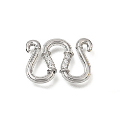 Platinum Brass Micro Pave Clear Cubic Zirconia M-Hook Clasps, Rack Plating, Platinum, 15x21x3mm