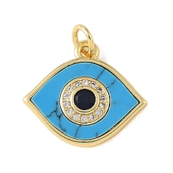 Chapado en Oro Real 18K Colgantes de latón con microengaste de circonitas cúbicas negras y turquesa sintética., amuletos mal de ojo, chapado en rack, larga duración plateado, sin plomo y cadmio, real 18 k chapado en oro, 16x18.5x2.5 mm, agujero: 3.5 mm