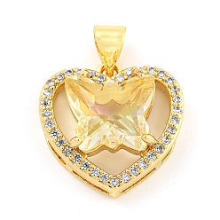 Gold Rack Plating Brass Micro Pave Clear Cubic Zirconia Pendants, with Glass, Long-Lasting Plated, Cadmium Free & Lead Free, Heart with Butterfly Charms, Gold, 16x16x6.5mm, Hole: 4x3.5mm