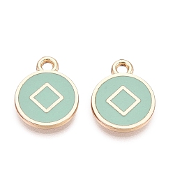 Verdemar Oscuro Colgantes de la aleación del esmalte, chapado en rack, Dijes planos redondos con diseño de billetes de cobre, dorado, verde mar oscuro, 14x11x1.5 mm, agujero: 1.6 mm