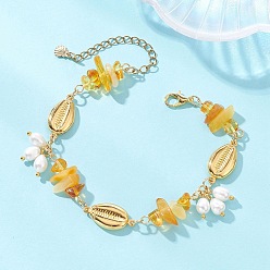 Shell Shape Браслеты с подвесками из натурального культивированного пресноводного жемчуга, Браслеты из натурального янтаря и бусин в форме морской звезды из нержавеющей стали для женщин., формы раковины, 304 дюйм (7.87 см)