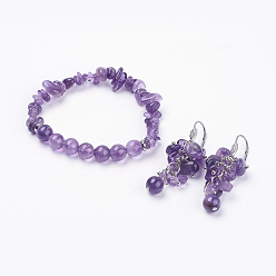 Amethyst Natürliche Amethyst Schmuck Sets, Stretch-Armbänder und Brisur-Ohrringe, Mit Sackleinen Beuteltaschen, 2 Zoll (52 mm), 55 mm, Stift: 0.6x1 mm