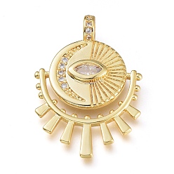 Clear Brass Micro Pave Clear Cubic Zirconia Pendants, Cadmium Free & Lead Free, Eye with Moon, Golden, Clear, 32x21.5x3.5mm, Hole: 3mm