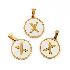 Letter X Вакуумное покрытие pvd 304 нержавеющая сталь с подвесками из белой ракушки, золотые, плоский круглый с подвеской в виде буквы, letter.x, 18x16x1.5 мм, отверстие : 3x6 мм