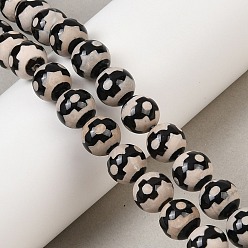 Flower Pattern Тибетского стиля DZI бисер нитей, природных бисера агат, круглые, чёрные, окрашенная и подогревом, цветочным узором, 10 мм, отверстие : 1 мм, около 35 шт / нитка, 13.70'' (34.8 см)