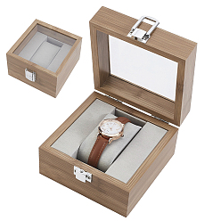 Camel Wooden Single Watch Display Cases with Glass Window Lid and Velvet Pillow Inside, Square, Camel, 12.3x12.3x7.5cm, Inner Diameter: 100x45mm