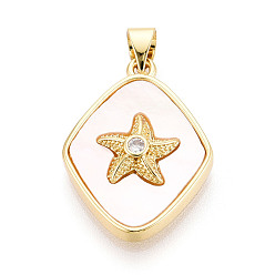 Настоящее золото 18K Латунные микропаве прозрачные подвески с фианитом, без кадмия и без свинца, с оболочкой, ромб и морская звезда, реальный 18 k позолоченный, 23.5x17x4 мм, отверстие : 5x3.5 мм