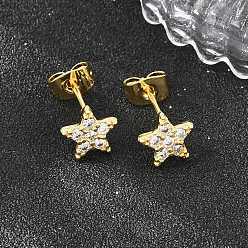 Настоящее золото 18K Серьги-гвоздики из латунного микро-паве, звезда, долговечный, стойки покрытие, без свинца и без кадмия, реальный 18 k позолоченный, 8x8 мм