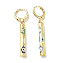 Colorful Golden Brass Dangle Leverback Earrings, with Enamel, Column with Evil Eye, Colorful, 44x4.5mm