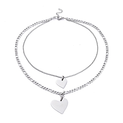 Stainless Steel Color Non-Tarnish 304 Stainless Steel Double Layer Necklaces, with Figaro Chains & Rolo Chains, Heart, Stainless Steel Color, 18.03 inch(45.8cm)