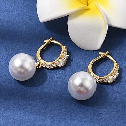 Настоящее золото 18K Серьги-кольца из латуни с микропаве из кубического циркония, с пластмассовой жемчужиной abs, долговечный, стойки покрытие, без свинца и без кадмия, реальный 18 k позолоченный, 30x11.5 мм