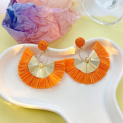 Темно-Оранжевый Серьги-гвоздики из сплава рафии в стиле бохо, золотые, темно-оранжевый, 70x65 мм