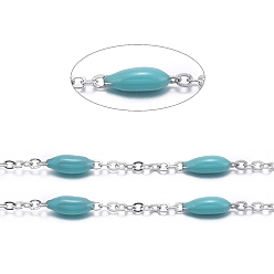 Средний Бирюзовый Ручной цепи эмаль бисера, с цепями из нержавеющей стали и шпулей, пайки, цвет нержавеющей стали, средне бирюзовый, 1.5x1x0.1 мм, около 32.8 футов (10 м) / рулон