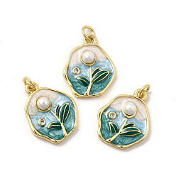 Oval Латунь эмаль подвески, без кадмия, без никеля и без свинца, с искусственным жемчугом и соединительными кольцами, реальный 18 k позолоченный, , овальные, 21x16.5x5 мм, отверстие : 3.2 мм