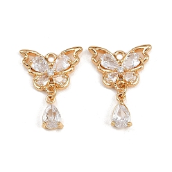 Настоящее золото 18K Латунные микропаве прозрачные подвески с фианитом, бабочка со слезой, реальный 18 k позолоченный, 24.5x17.5x3 мм, отверстие : 1.6 мм