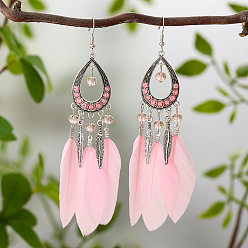 Pink Серьги-капли из сплава со стразами, с пером, античное серебро, розовые, 23x11 мм