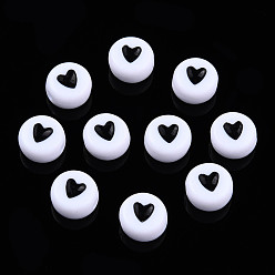 Black Opaque Acrylic Beads, with Enamel, Flat Round with Heart, Black, 7x3.5mm, Hole: 1.2mm, about 3600~3700pcs/500g