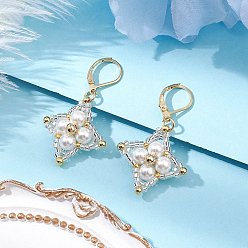 Серебро Стеклянные бусины ромбовидные серьги-русалки, с ракушечным жемчугом и 304 фурнитурой для сережек-русалок из нержавеющей стали, серебряные, 42x25 мм