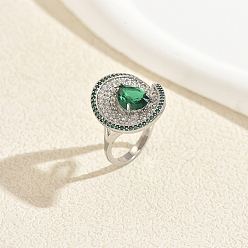 Vert Micro cuivres ouvrent zircons bagues, fleur, platine, verte, 20mm, diamètre intérieur: 16~18 mm