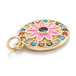 Pink Real 18K Gold Plated Brass Micro Pave Cubic Zirconia Pendants, with Enamel and Jump Ring, Long-Lasting Plated, Flat Round with Flower, Pink, 19x16x3mm, Jump Ring: 5x0.8mm, 3.4mm inner diameter