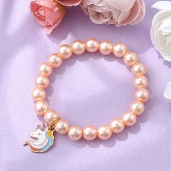 Персиковый Слойка АБС-пластик имитация жемчужных бусин эластичные браслеты, браслеты из сплава эмали для женщин, единорог, розовые, внутренний диаметр: 1-3/4 дюйм (4.5 см)