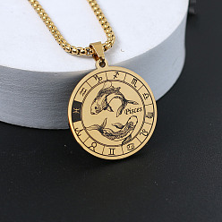 Рыбы Плоские круглые с созвездием 201 ожерелья из нержавеющей стали с подвеской, золотые, Рыбы, 23.62 дюйм (60 см)