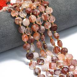 Красный Кварц Нити бусин из натурального железистого кварца, граненый шестиугольный разрез, плоско-круглые, с бисером, 10~10.5x6 мм, отверстие : 1 мм, около 31~32 шт / нитка, 15.35''~15.55'' (39~39.5 см)