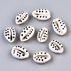 White Natural Cowrie Shell Beads, with Enamel Polka Dot Pattern, No Hole/Undrilled, White, 16~19x10~12.5x7mm