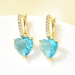 Темно-бирюзовый Серьги-кольца в форме сердца с микропаве из кубических цирконий из латуни, со стеклом, долговечный, стойки покрытие, золотые, темные бирюзовый, 23.5x10.5x11.5 мм