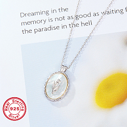 Platinum Natural White Shell Oval with Flower Pendant Necklace with Rhodium Plated 925 Sterling Silver Chains, Platinum, 15.35 inch(39cm)
